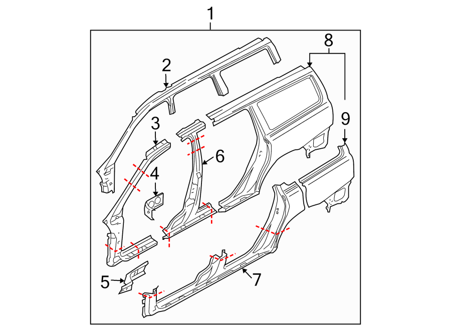 5PILLARS. ROCKER & FLOOR. UNISIDE.https://images.simplepart.com/images/parts/motor/fullsize/9712500.png