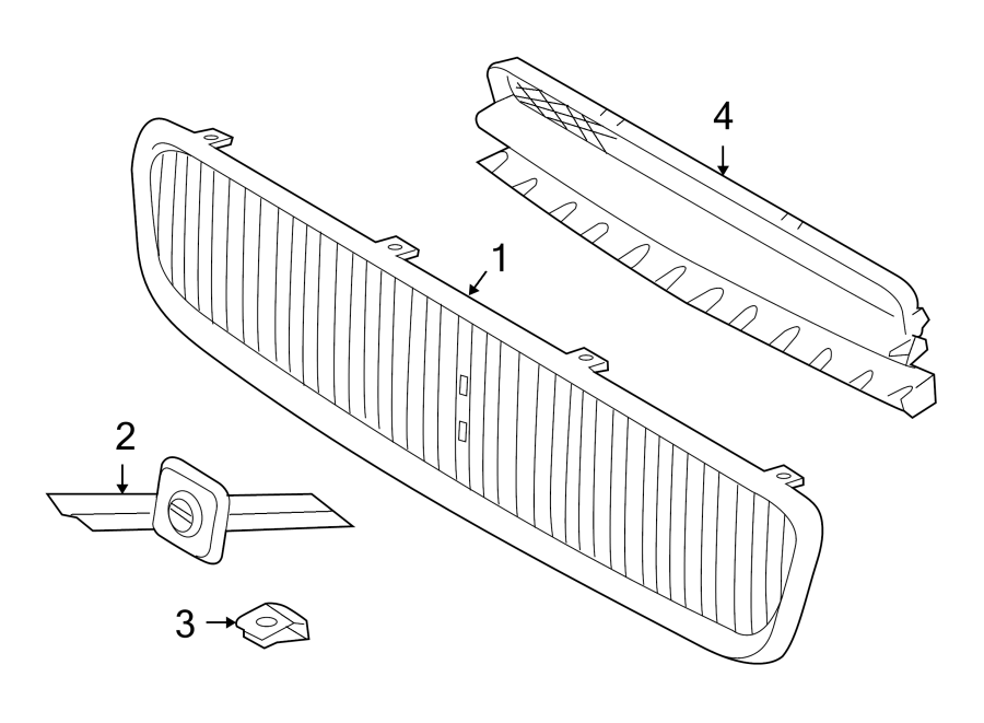 1FRONT BUMPER & GRILLE. GRILLE & COMPONENTS.https://images.simplepart.com/images/parts/motor/fullsize/9714010.png