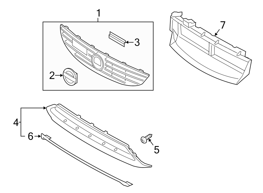 7FRONT BUMPER & GRILLE. GRILLE & COMPONENTS.https://images.simplepart.com/images/parts/motor/fullsize/9716011.png