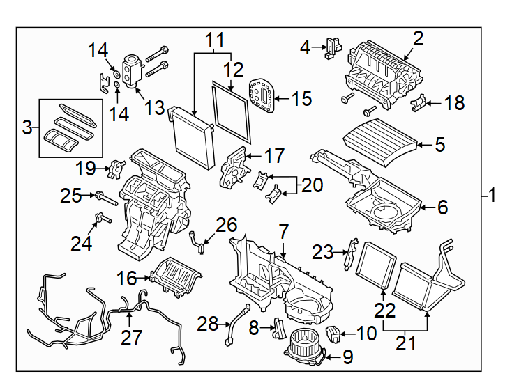 14Air conditioner & heater. Evaporator & heater components.https://images.simplepart.com/images/parts/motor/fullsize/9775622.png