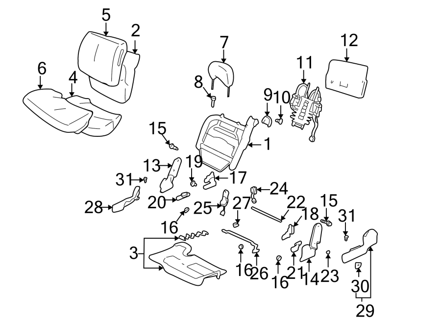 Diagram SEATS & TRACKS. FRONT SEAT COMPONENTS. for your 1999 Chevrolet Silverado 1500 Base Standard Cab Pickup Fleetside  