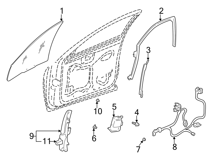 11FRONT DOOR. GLASS & HARDWARE.https://images.simplepart.com/images/parts/motor/fullsize/AA00375.png