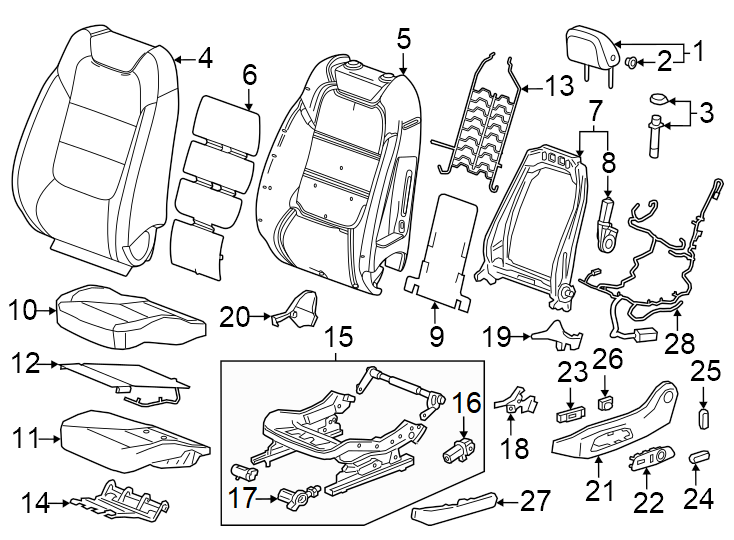 17Cloth. Ebony. Inner. Leatherette. Outer. Perforated leather. Power seat. Seat back. Seat cushion. Tilt. Vertical.https://images.simplepart.com/images/parts/motor/fullsize/AA24435.png