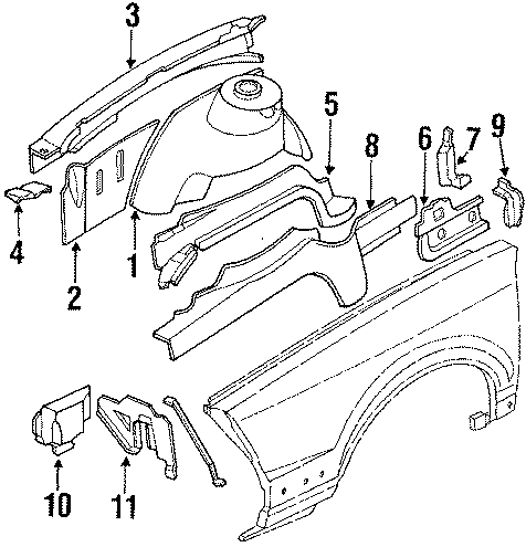 Diagram FENDER. STRUCTURAL COMPONENTS & RAILS. for your 1989 Chevrolet Celebrity   