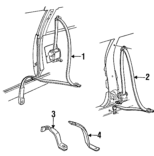 Diagram RESTRAINT SYSTEMS. FRONT SEAT BELTS. for your 1987 Chevrolet Celebrity Eurosport Coupe 2.8L Chevrolet V6 M/T 