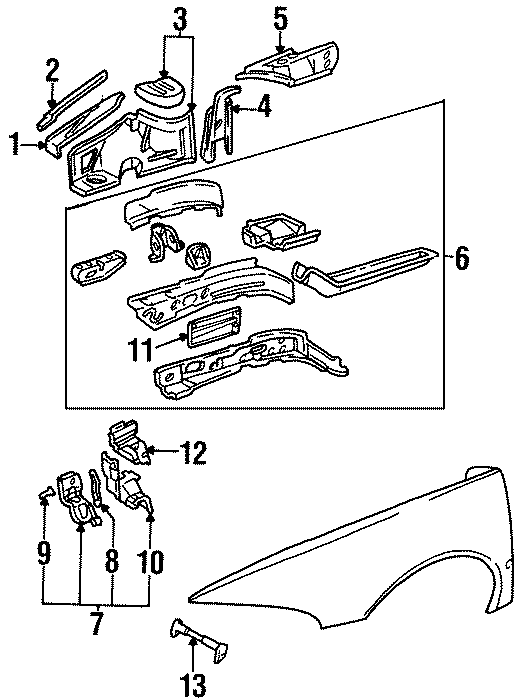 Diagram FENDER. INNER STRUCTURE & RAILS. for your 2011 GMC Sierra 2500 HD 6.6L Duramax V8 DIESEL A/T 4WD SLE Standard Cab Pickup 