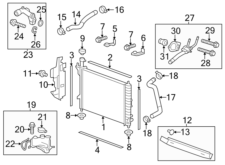 Diagram Radiator & components. for your 2021 Chevrolet Camaro LT Coupe 2.0L Ecotec A/T 