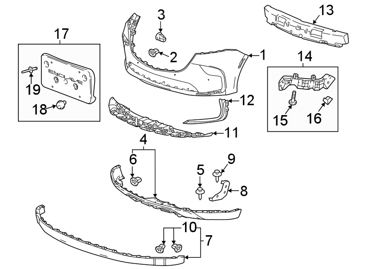 Diagram Front bumper & grille. Bumper & components. for your Buick Enclave   