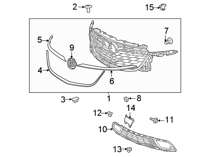 15Front bumper & grille. Grille & components.https://images.simplepart.com/images/parts/motor/fullsize/AE18017.png