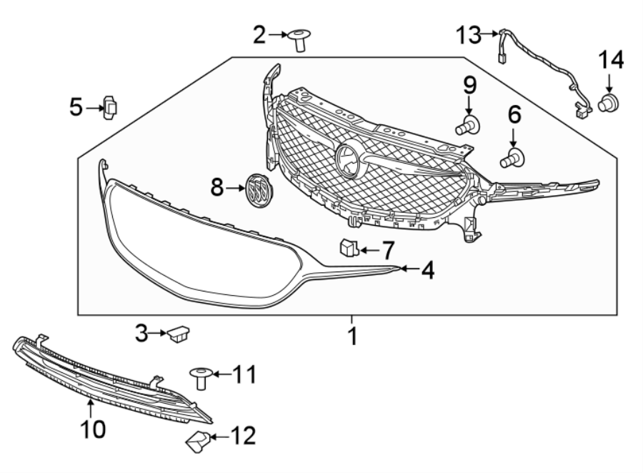 Diagram FRONT BUMPER & GRILLE. GRILLE & COMPONENTS. for your 2018 Buick Enclave    