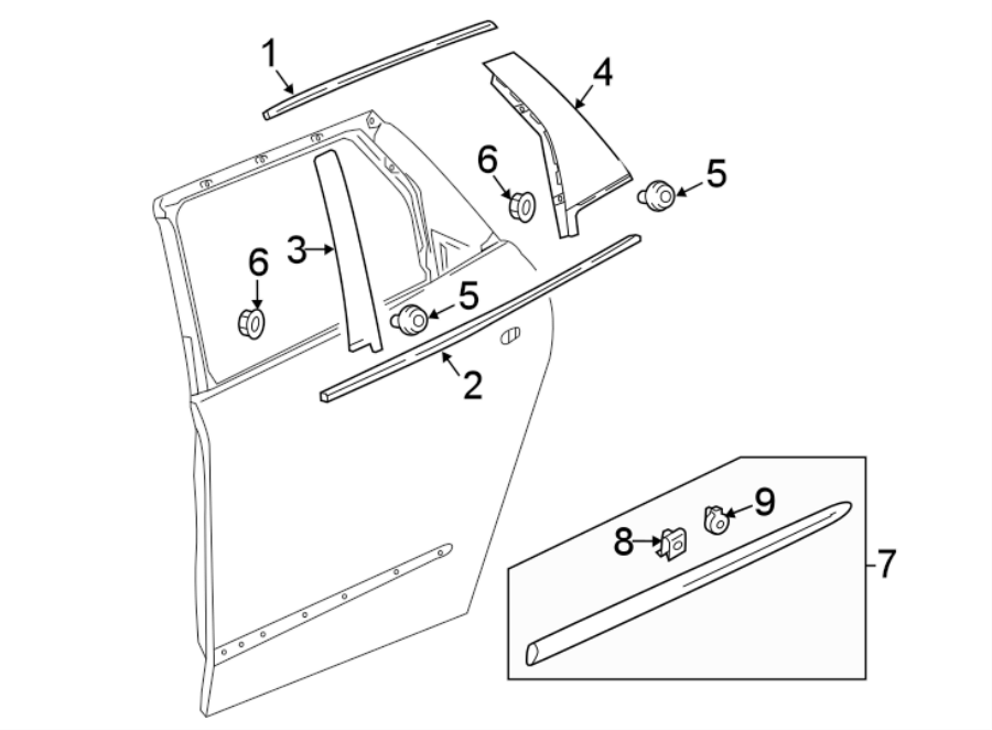 9REAR DOOR. EXTERIOR TRIM.https://images.simplepart.com/images/parts/motor/fullsize/AE18675.png