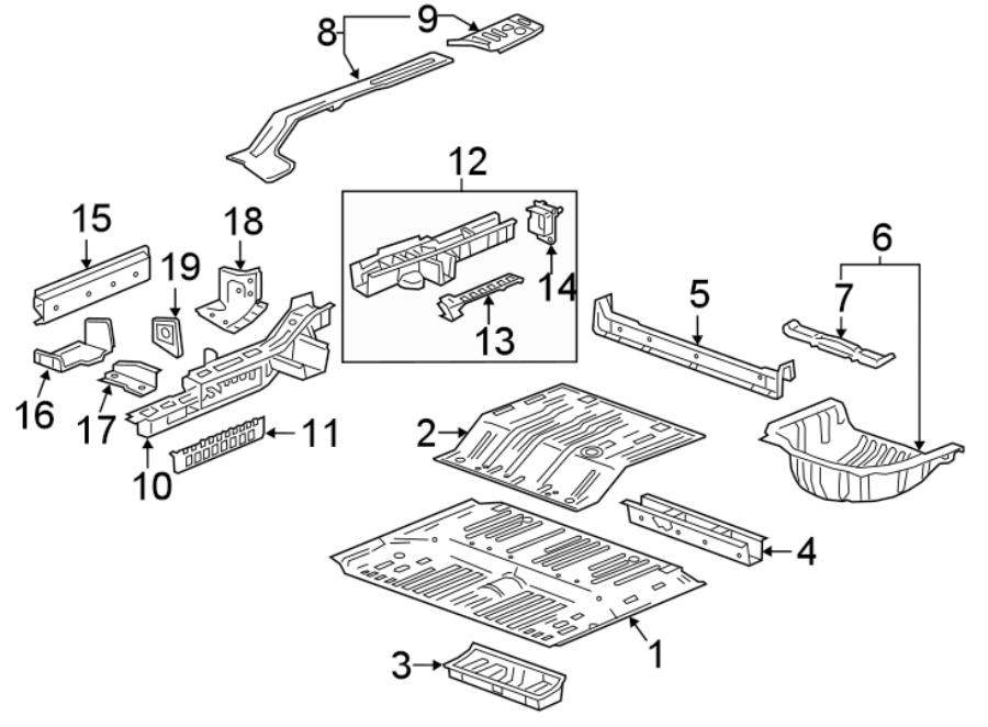 Diagram REAR BODY & FLOOR. FLOOR & RAILS. for your 2012 GMC Sierra 2500 HD 6.6L Duramax V8 DIESEL A/T RWD Denali Crew Cab Pickup Fleetside 