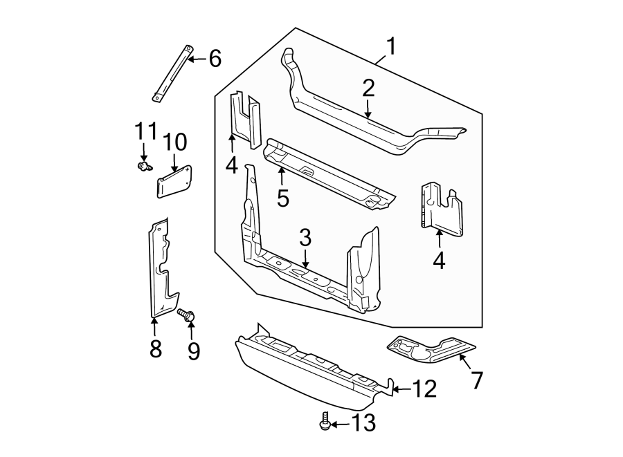 13Radiator support.https://images.simplepart.com/images/parts/motor/fullsize/AF02030.png