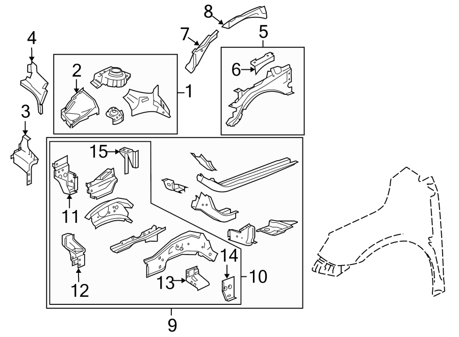 Diagram FENDER. STRUCTURAL COMPONENTS & RAILS. for your 2019 GMC Sierra 2500 HD 6.0L Vortec V8 A/T RWD Base Extended Cab Pickup Fleetside 