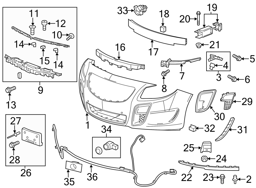 Diagram Front bumper & grille. Bumper & components. for your 2019 Chevrolet Equinox 1.6L DIESEL A/T FWD Premier Sport Utility 