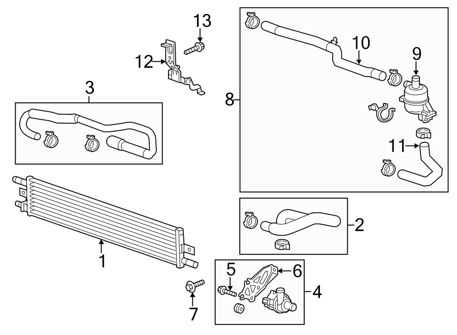 Diagram RADIATOR & COMPONENTS. for your 2021 Chevrolet Camaro LT Coupe 2.0L Ecotec A/T 