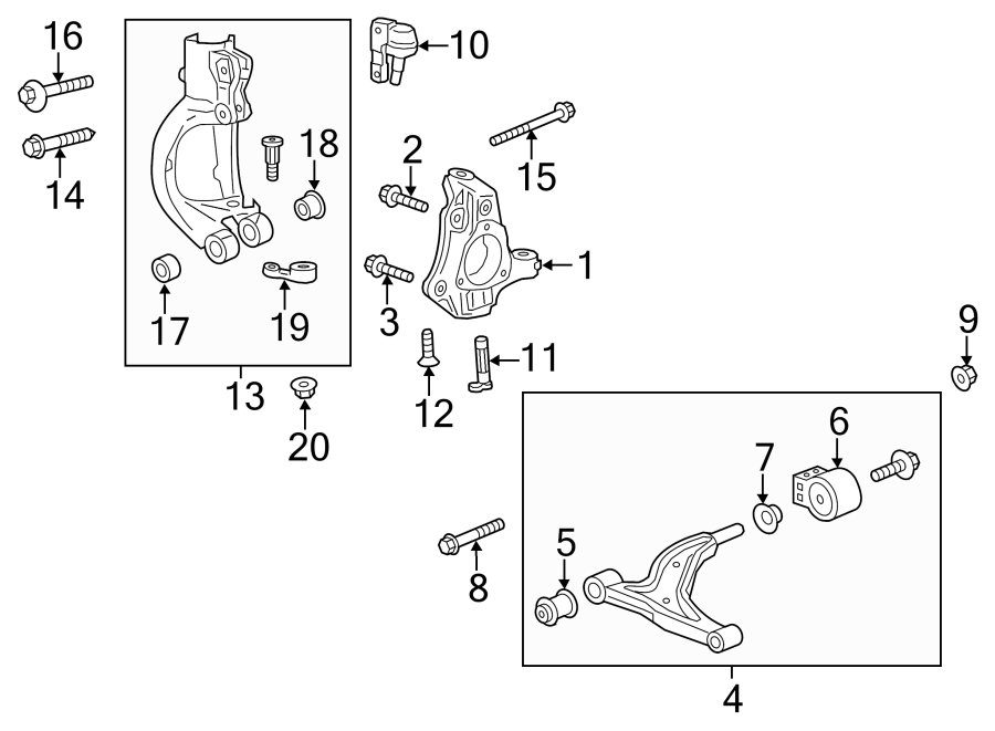 Diagram FRONT SUSPENSION. SUSPENSION COMPONENTS. for your 2022 Chevrolet Equinox 1.5L Ecotec A/T 4WD RS Sport Utility 