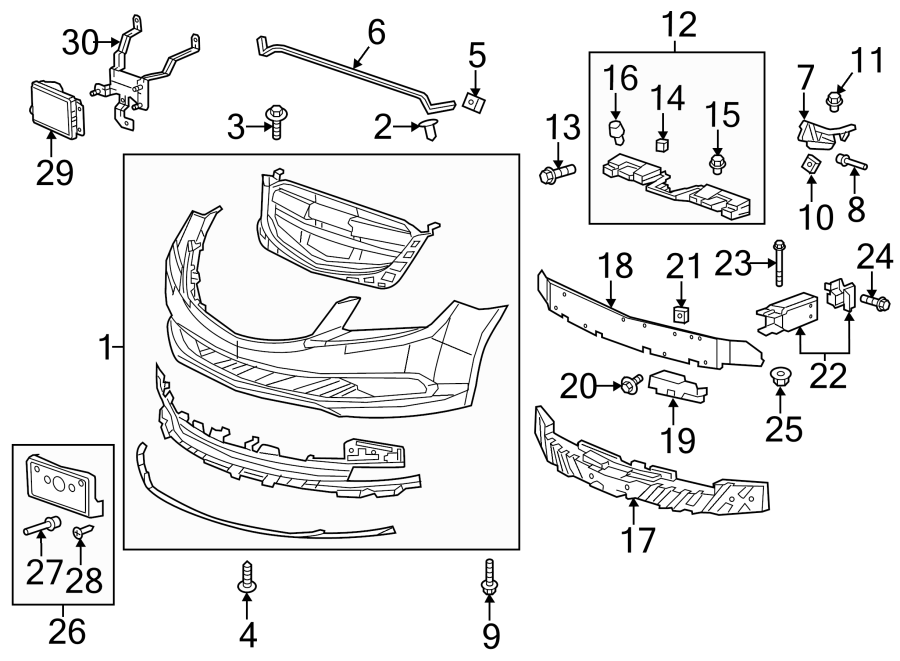 Diagram FRONT BUMPER & GRILLE. BUMPER & COMPONENTS. for your 2013 Chevrolet Silverado   