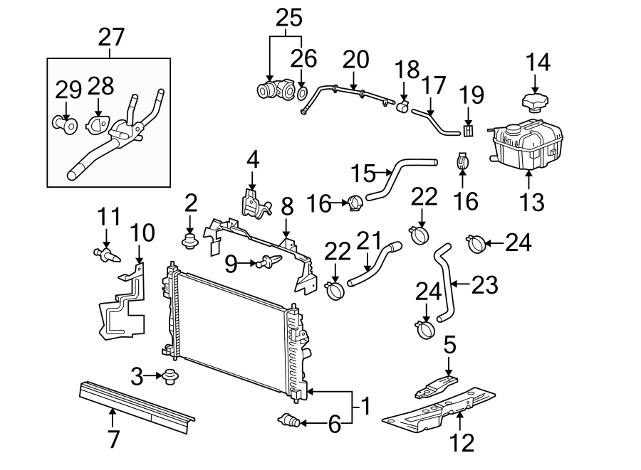 Diagram RADIATOR & COMPONENTS. for your 2021 Chevrolet Camaro LT Coupe 2.0L Ecotec A/T 