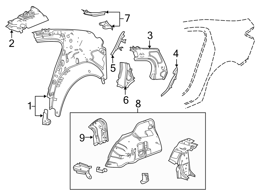 9QUARTER PANEL. INNER STRUCTURE.https://images.simplepart.com/images/parts/motor/fullsize/AH14545.png