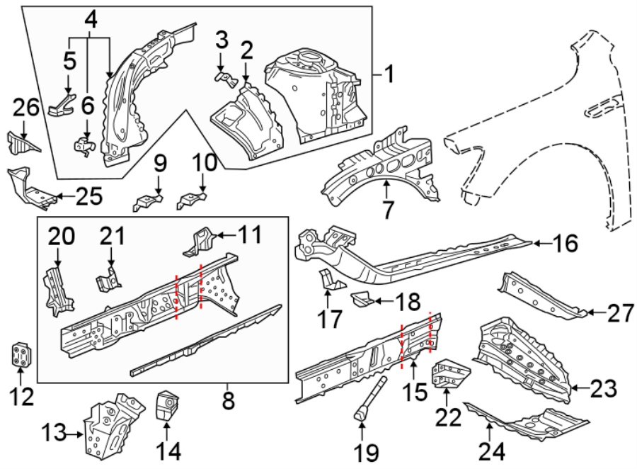 Diagram FENDER. STRUCTURAL COMPONENTS & RAILS. for your 2016 Chevrolet Camaro 6.2L V8 M/T SS Coupe 