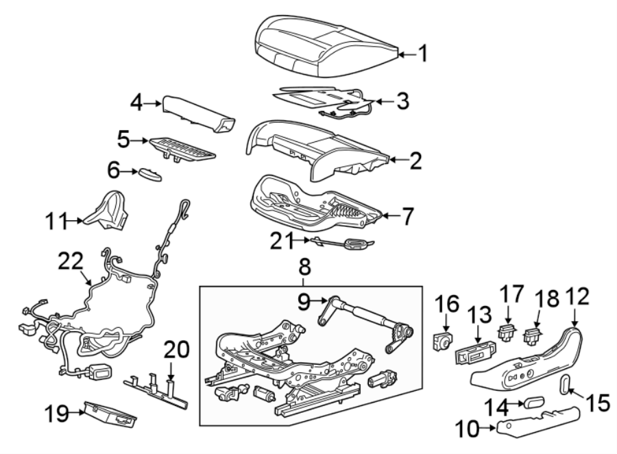 Diagram SEATS & TRACKS. DRIVER SEAT COMPONENTS. for your 2007 GMC Sierra 2500 HD 6.0L Vortec V8 A/T 4WD SLT Extended Cab Pickup 