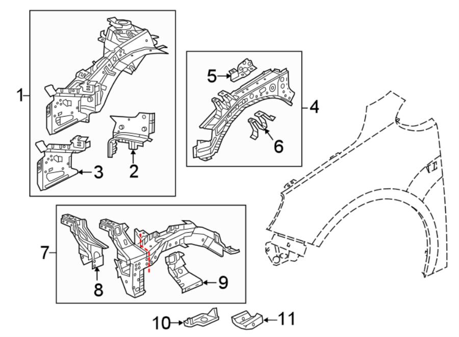 Diagram FENDER. STRUCTURAL COMPONENTS & RAILS. for your 2021 Cadillac XT4   