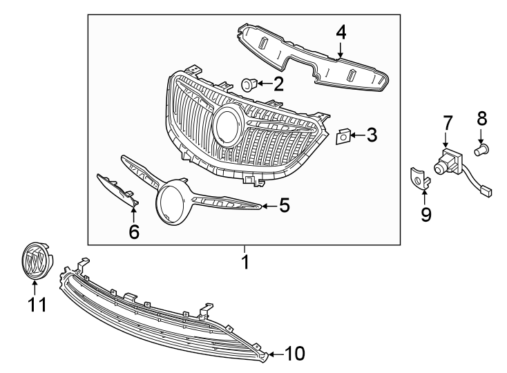 9FRONT BUMPER & GRILLE. GRILLE & COMPONENTS.https://images.simplepart.com/images/parts/motor/fullsize/AK16018.png