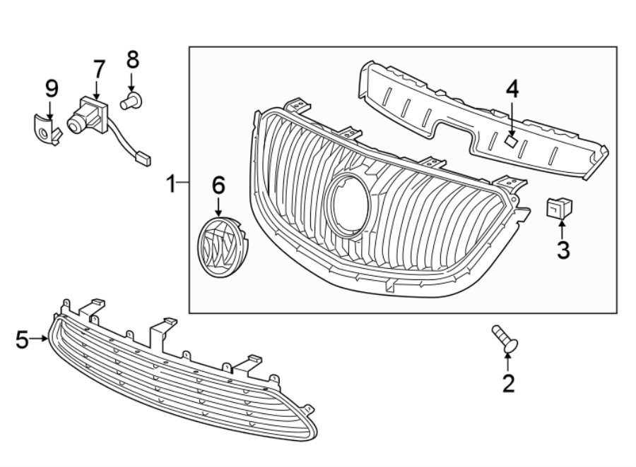 5Front bumper & grille. Grille & components.https://images.simplepart.com/images/parts/motor/fullsize/AK16020.png