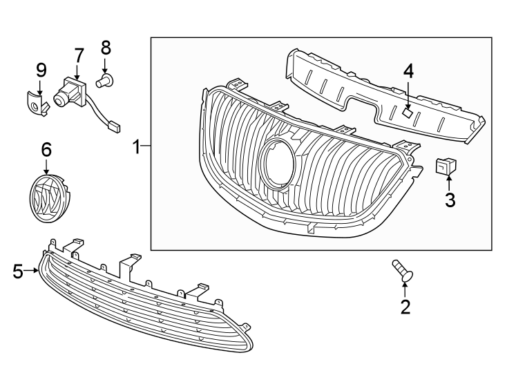 8Front bumper & grille. Grille & components.https://images.simplepart.com/images/parts/motor/fullsize/AK16021.png