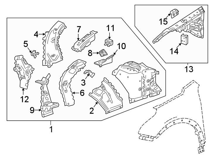 Diagram Fender. Structural components & rails. for your 2025 Cadillac XT4   