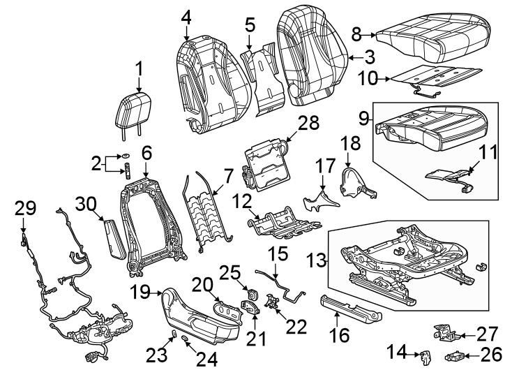 Diagram Seats & tracks. Passenger seat components. for your 2007 GMC Sierra 2500 HD 6.0L Vortec V8 A/T 4WD SLT Extended Cab Pickup 