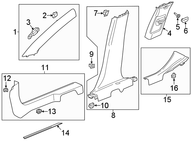 Diagram Pillars. Rocker & floor. Interior trim. for your 2016 GMC Canyon SLE Crew Cab Pickup Fleetside  