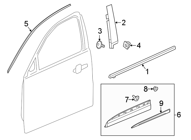 9Front door. Exterior trim.https://images.simplepart.com/images/parts/motor/fullsize/AK16888.png