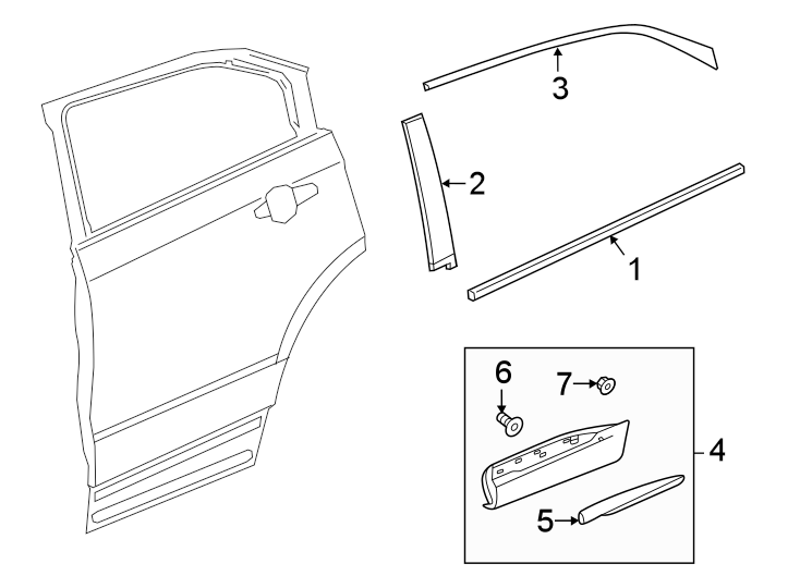 2Rear door. Exterior trim.https://images.simplepart.com/images/parts/motor/fullsize/AK16894.png