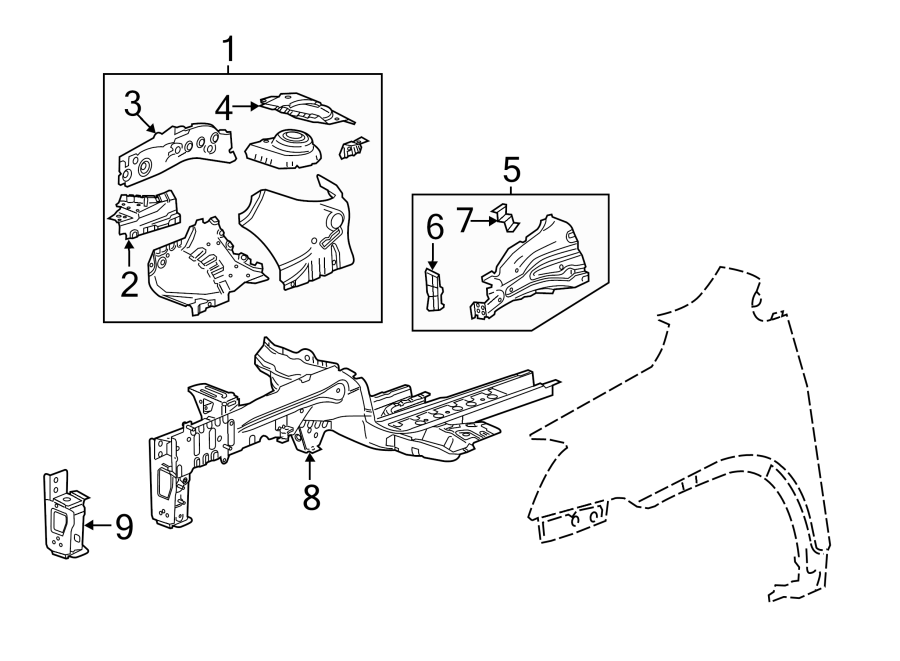 Diagram FENDER. STRUCTURAL COMPONENTS & RAILS. for your 2021 GMC Sierra 2500 HD 6.6L V8 A/T RWD Base Standard Cab Pickup 