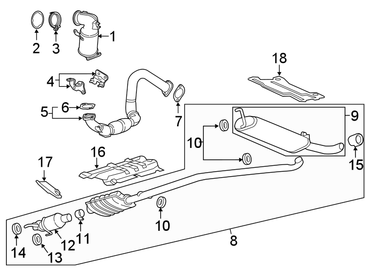 Diagram EXHAUST SYSTEM. EXHAUST COMPONENTS. for your 2018 Chevrolet Equinox 2.0L Ecotec A/T FWD LT Sport Utility 