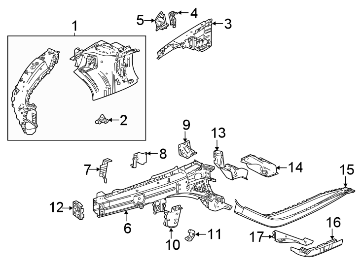 Diagram Fender. Structural components & rails. for your 2024 Cadillac XT4   