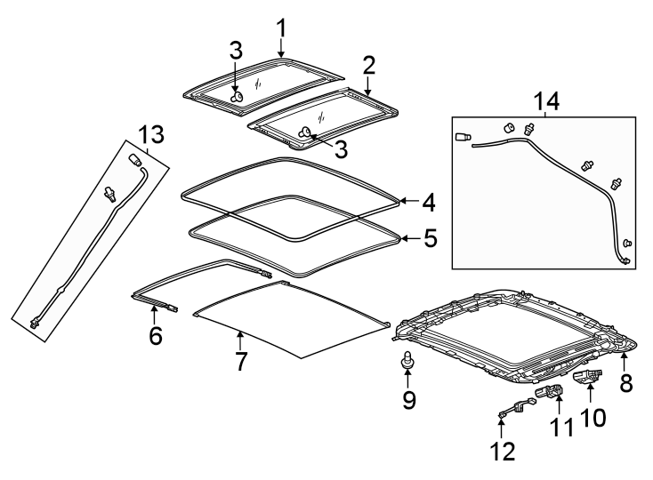 11Front. Rear. Sunroof glass. Sunshade. Type 1. Type 2.https://images.simplepart.com/images/parts/motor/fullsize/AN20580.png