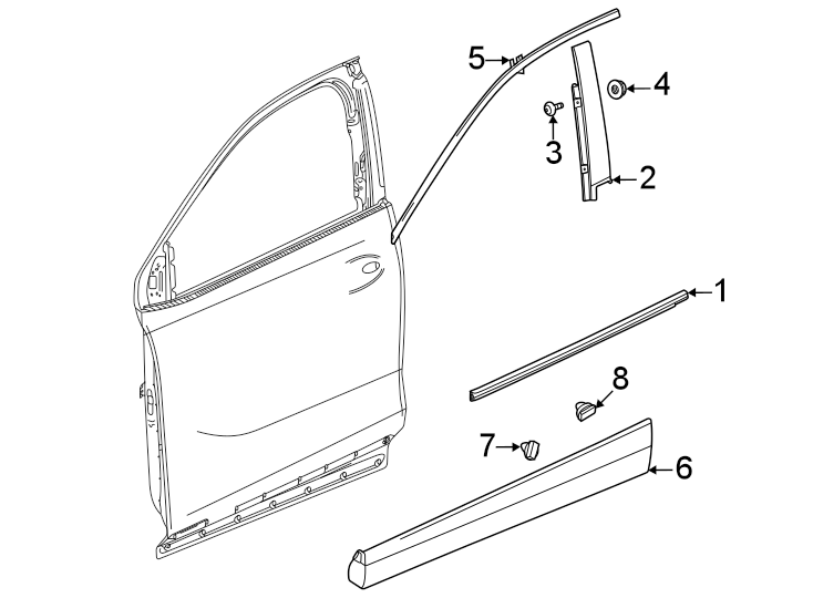 6Front door. Exterior trim.https://images.simplepart.com/images/parts/motor/fullsize/AN20630.png