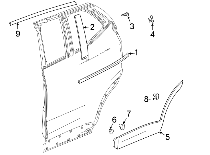 1Rear door. Exterior trim.https://images.simplepart.com/images/parts/motor/fullsize/AN20660.png