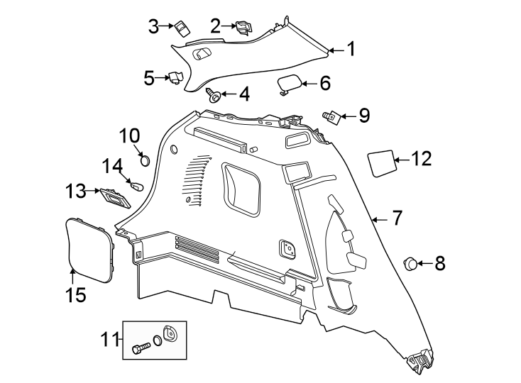 11Quarter panel. Interior trim.https://images.simplepart.com/images/parts/motor/fullsize/AN20700.png