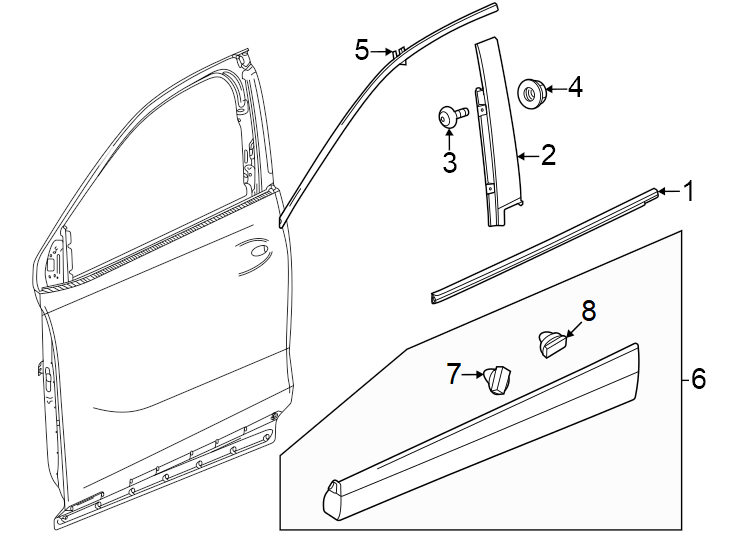 6Front door. Exterior trim.https://images.simplepart.com/images/parts/motor/fullsize/AN24695.png