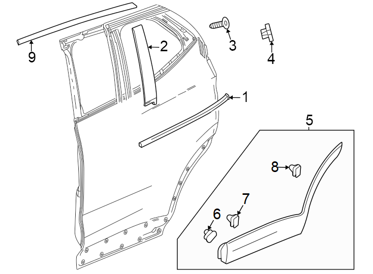 1Rear door. Exterior trim.https://images.simplepart.com/images/parts/motor/fullsize/AN24725.png