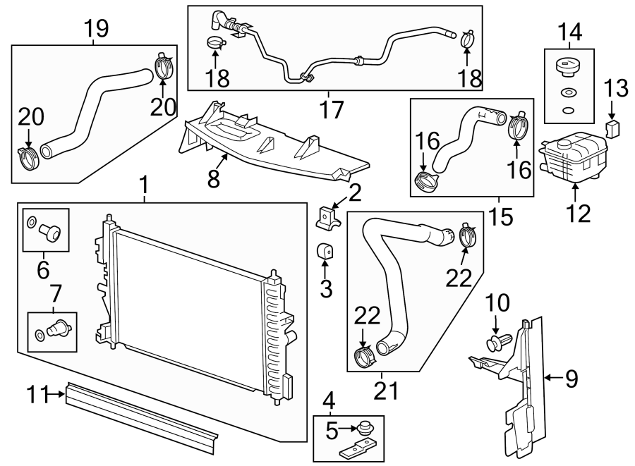 Diagram RADIATOR & COMPONENTS. for your 2021 Chevrolet Camaro LT Coupe 2.0L Ecotec A/T 