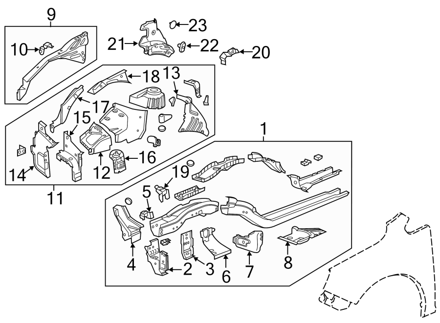 Diagram FENDER. STRUCTURAL COMPONENTS & RAILS. for your 2015 GMC Sierra 2500 HD 6.6L Duramax V8 DIESEL A/T 4WD SLE Standard Cab Pickup Fleetside 