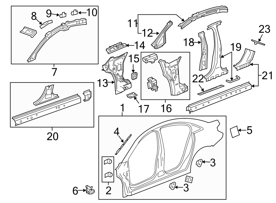 Diagram PILLARS. ROCKER & FLOOR. CENTER PILLAR & ROCKER. HINGE PILLAR. UNISIDE. for your 2021 GMC Sierra 2500 HD  SLT Extended Cab Pickup Fleetside 