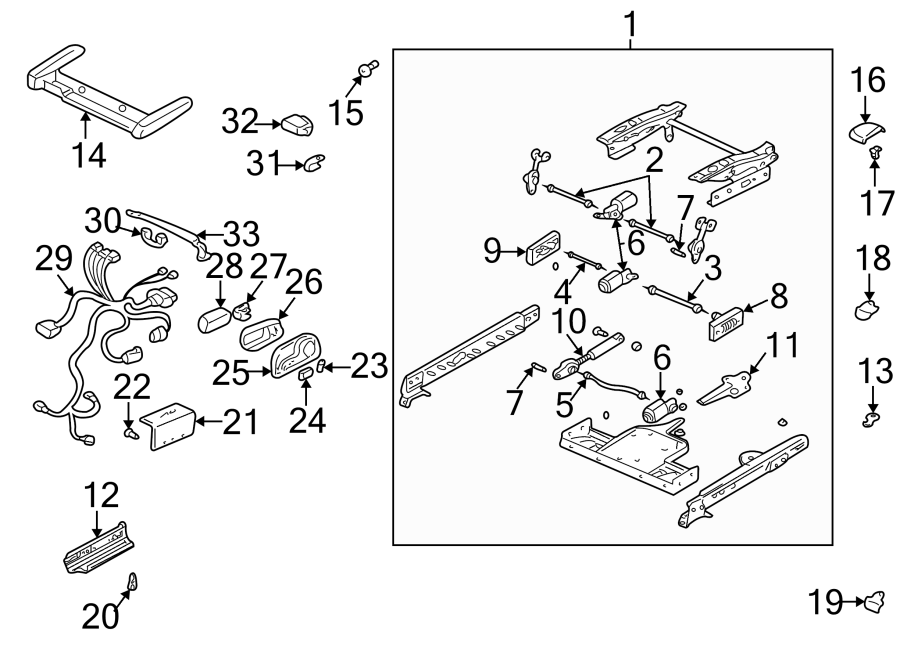 Diagram Seats & tracks. Tracks & components. for your 2007 GMC Sierra 2500 HD 6.0L Vortec V8 A/T 4WD SLT Extended Cab Pickup 