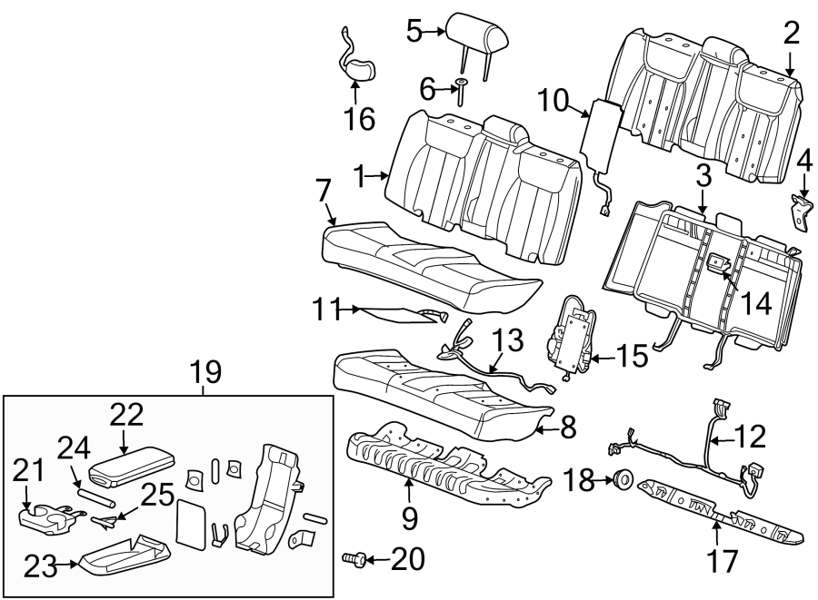 Diagram Seats & tracks. Rear seat components. for your 2016 Cadillac ATS Performance Sedan 3.6L V6 A/T RWD 