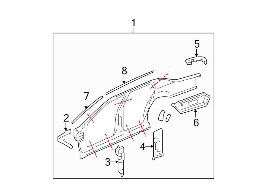 Diagram Pillars. Rocker & floor. Uniside. for your 2010 Buick Enclave    